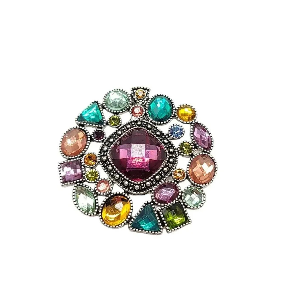 Premiere Designs Multicolor Circle Brooch Pin Pendant Silver Tone 2" Large